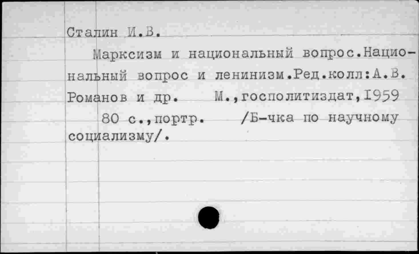 ﻿Сталин И. В.
Марксизм и национальный вопрос.Нацио нальный вопрос и ленинизм.Ред.колл:А.В. Романов и др.	М.,госполитиздат,1959
80 с.,портр. /Б-чка по научному социализму/.